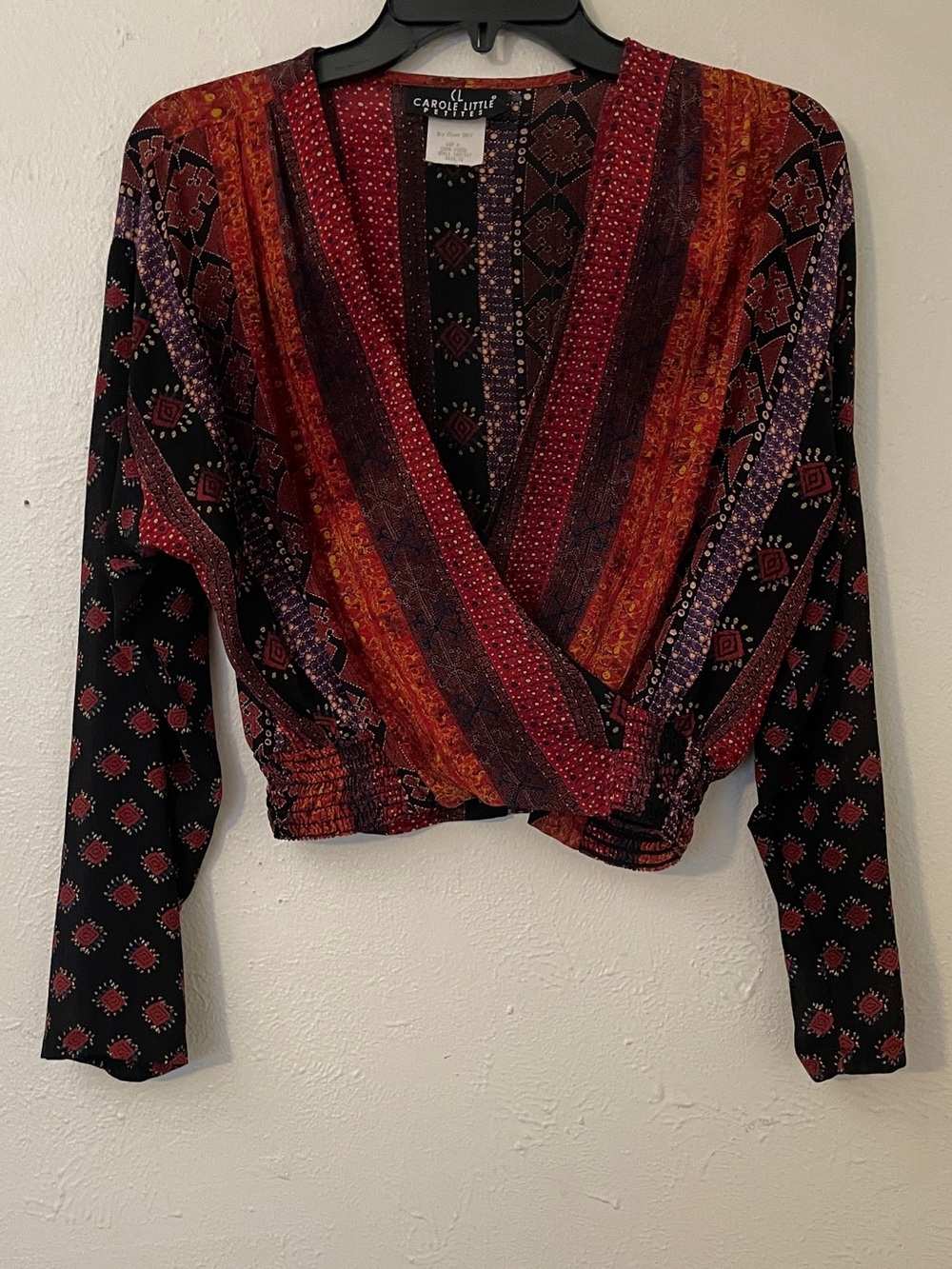Carole Little Red Black Orange Patterned Wrap Blouse